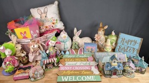 lot 241 image: Easter Decor  Bunny Pillow, Ceramic Figurines, Bunny Teapot, Eastern Baskets, Chickens, Mini Houses, Crayola Bunny, and More  M