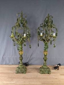 lot 254 image: (2) Beautiful Vintage Green Glass Chandelier Table Candle Holders M