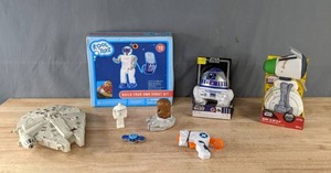 lot 226 image: Star Wars Collectible Models and Toys Kool Toyz Build Your Own Robot Set, Millennium Falcom Model, R2-D2, Bump N Go D-O Toy and More  M