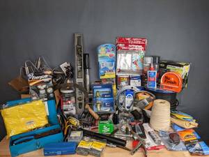 lot 271 image: Assorted Tools, Home Improvement Items, and More Scythe, Car Polish, Tire Inflator, Door Insulation Kit and More M