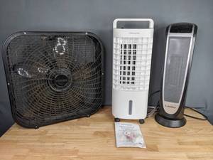 lot 281 image: Holmes Box Fan, Frigidaire 2-in-1 Portable Air Cooler, Lasko Space Heater M