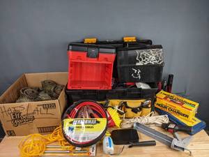 lot 278 image: Assorted ToolsHandyman Items (Nail Gun Nails, Rope, Socket Set, Gun Locks, Tool Belt, Jumper Cables, and more) M