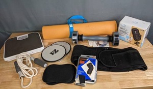lot 323 image: Home Workout Essentials Weight Scale, Gaiam Essentials Yoga Mat, 5 lb Ankle & Wrist Weight, Shake Weight, Copper Knee Sleeve and More M