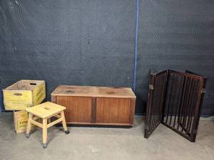 lot 297 image: Wooden TV Stand, Dark Brown Gate, Wooden Crates and Small Wood Table on Wheels  M