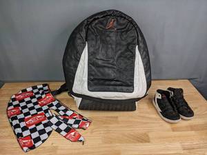 lot 66 image: Vintage Size 10c Jordan Trainers, Nike Air Jordan Retro 13 Backpack and Vans Off The Wall Durag Head Covering  M