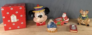 lot 304 image: Mickey Mouse Cookie Jar, Hallmark Santa PlanterBowl, Ceramic Reindeer, Crazy Mountain Snowman, and Snowman Spice Ball  M
