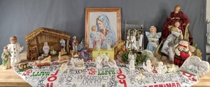 lot 308 image: Mixed Lot  Nativity Scenes and Other Christmas Decor Angels, Framed Mary and Jesus Cross Stitch, Miniature House Accessories  M