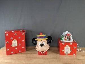 lot 287 image: Enesco Vintage Walt Disney Mickey Mouse Cookie Jar and Mickey and Minnie Igloo Nightlight  M