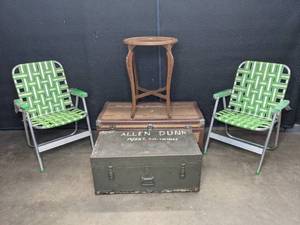 lot 95 image: Two Green Lawn Chairs, Small Round Table, Brown Trunk and Green Trunk  Z