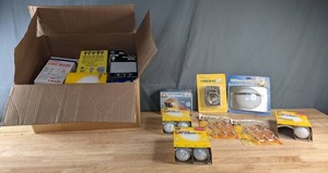 lot 52 image: Box of Soft White Bulbs, Time Master Program Timer, Wall Sconce Touch Light, Double Life Bulbs, Standard Bulbs, Floodlight and More Z