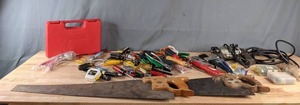 lot 45 image: Assortment of Tools Handy Andy Tool Box, Paint Brushes, Screw Drivers, Flat Head Drivers, Black & Decker 38 Drill, Hand Saw and More Z