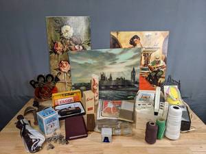 lot 331 image: Wooden Playing Card Box, Umbrella, Kodak Camera, Candle Shaver, Arrow Solid State Radio, 8 Track Cartridges and More  Z