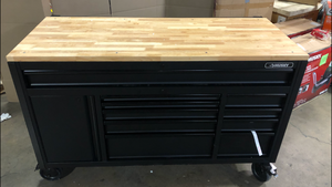 Husky 61 in. W x 26 in. D Heavy Duty 10-Drawer 1-Door Mobile Workbench with Hardwood Top damaged open box customer return