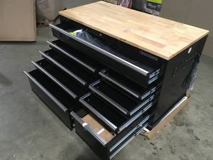 Husky 52 in. W x 25 in. D Standard Duty 9-Drawer Mobile Workbench Tool Chest with Solid Wood Top in Gloss Black customer return review pictures