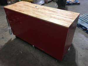 Husky 61 in. W x 22.1 in D Standard Duty 7-Drawer 1-Door Mobile Workbench Tool Chest with Solid Wood Top in Gloss Red review pictures