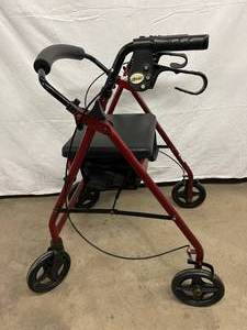MSRP $150 DRIVE MEDICAL MOBILE RED WALKER ROLLATER COLLAPSIBLE WITH LIFT UP SEAT &amp STORAGE BAG - ARMS ARE HEIGHT ADJUSTABLE - GREAT WORKING CONDITION 1ST PIC IS A STOCK PIC