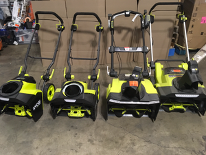 Lot of assorted Ryobi 18V Snowblowers various models and conditions some missing parts tool only review pictures