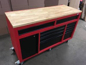 lot 47 image: Milwaukee 61 in. 11-Drawer1-Door 22 in. D Mobile Workbench with Sliding Pegboard Back Wall in RedBlack Customer Returns See Terms on Auction