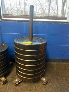 Stack 8 35lb Bumper Plates With Rack