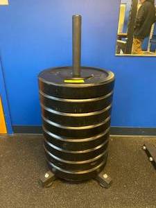 Stack 8 45lb Bumper Plates With Rack