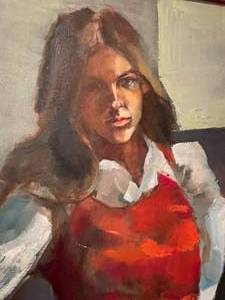 lot 193 image: Lady In Red Oil on Canvas Framed Portrait Painting