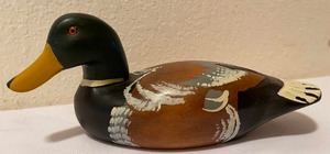 lot 213 image: Two Hand Painted Decoys with Glass Eyes and Two Smaller Wooden Duck Figures