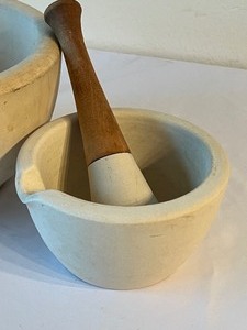lot 94 image: Two Vintage Stone Pharmaceutical Acid Proof Mortar and Pestle Bowls