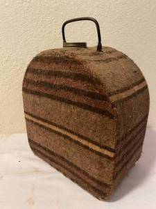 lot 269 image: Vintage Metal Fabric Covered Canteen and Leather Beaded Pouch a Possibly Flask