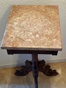 lot 212 image: Antique Ornate Wooden Plant Stand with Marble Top