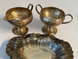 lot 317 image: Sterling Cream and Sugar Set and Silver Plate Tray