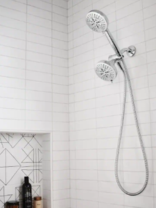 lot 75 image: 2 Pack Lot - MOEN HydroEnergetix 8-Spray Patterns w 1.75 GPM 4.75 in. Wall Mount Dual Shower Heads Chrome - New