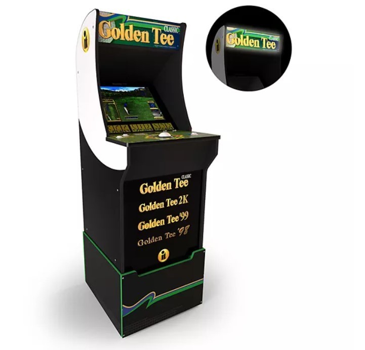 lot 605 image: Arcade 1 Up Golden Tee Fore Home Arcade Machine with Riser & Light Up Marquee