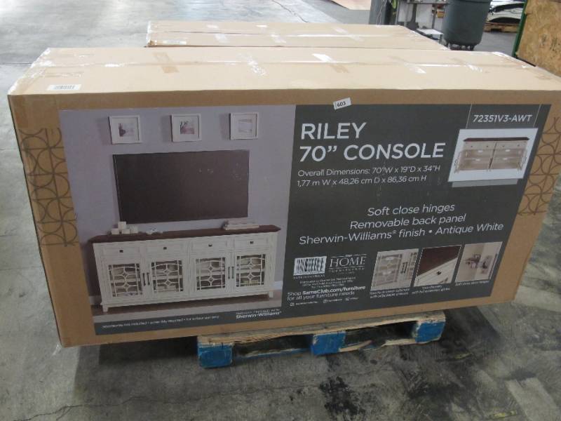 lot 599 image: OSP Home Furnishings 70 Riley Console Model # 72351V3-AWT