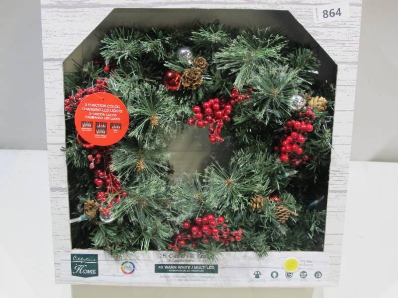 lot 864 image: NEW Celebrations Castle Hill Prelit Green Christmas Wreath 26 in. Dia. Color Changing