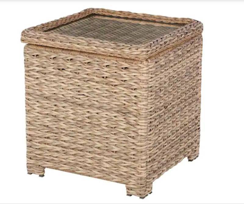 lot 637 image: Hampton Bay Laguna Point Natural Tan Wicker Square Outdoor Patio Side Table with Captured Glass Top