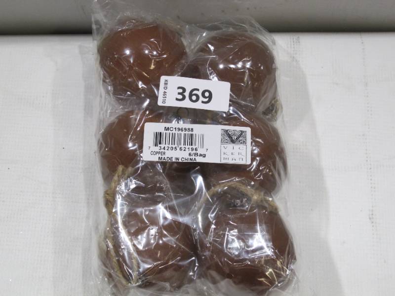 lot 803 image: Vickerman MC196988 3 in. Copper Wood Grain Ball Ornament - 6 per Bag