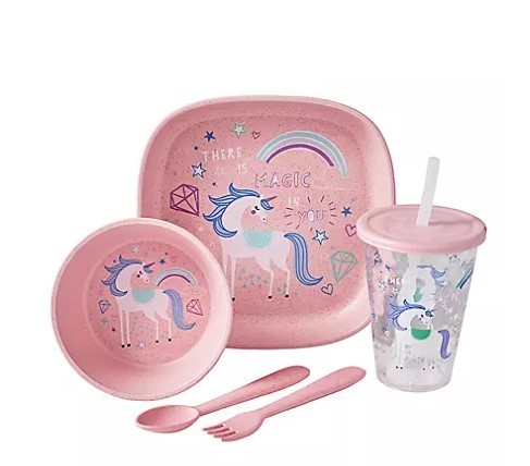 lot 661 image: Members Mark 20-Piece Break-resistant Wheat Straw Kids Dinnerware Set - Unicorn