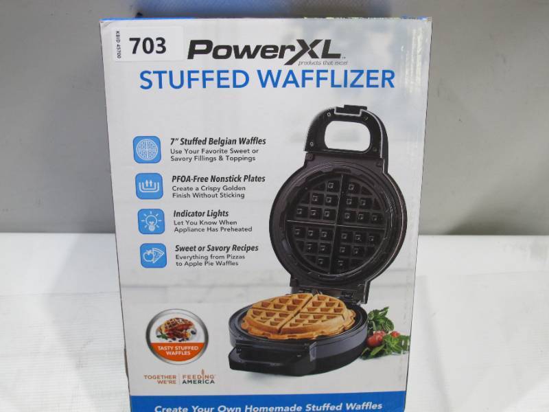 lot 693 image: PowerXL Wafflizer, Stuffed Waffle Maker & Belgian Waffle Iron with 2 Extra Deep Pockets, Nonstick Plates, Classic Round Shape, 4-Slice, , Black (Black, 7 Inch)