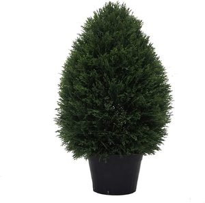 lot 794 image: Vickerman Everyday 24 Wide Cedar Teardrop Shaped Bush in a Black Plastic Pot - Lifelike Home Office Decor - Potted Indoor Outdoor Patio Faux Plant - Maintenance Free UV Resistant