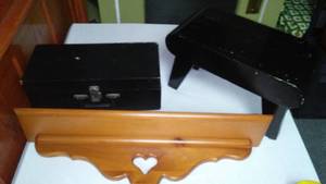 lot 146 image: Ethan Allen Shelf, Vintage Box, and Stool.
