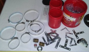 lot 165 image: Hardware L Brackets, Stainless Hose Clamps (8), Screws and More.