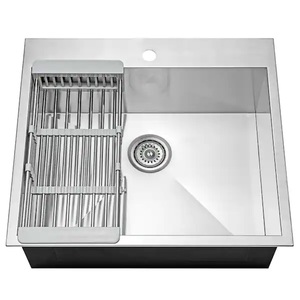 lot 98 image: AKDY Handmade Drop-in Stainless Steel 25 in. x 22 in. Single Bowl Kitchen Sink with Drying Rack