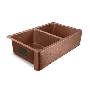 lot 102 image: SINKOLOGY Adams Farmhouse Apron-Front Handmade Copper 36 in. 5050 Double Bowl Kitchen Sink in Hammered Antique Copper