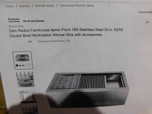 lot 99 image: Glacier Bay Zero Radius Farmhouse Apron-Front 18G Stainless Steel 33 in. 5050 Double Bowl Workstation Kitchen Sink with Accessories