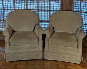 lot 127 image: Pair of Taupe Upholstered Armchairs