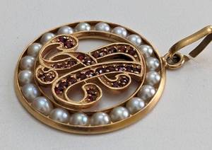 lot 487 image: 14k Gold Pendant with Pearl and Ruby Accents