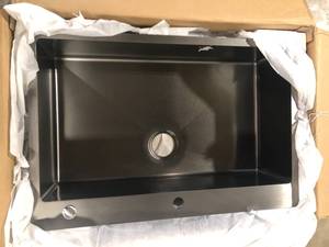 lot 28 image: Glacier Bay Black Stainless Steel 33 in. 18 Gauge Single Bowl Dual Mount Kitchen Sink with Spring Neck Faucet not used open box see pictures