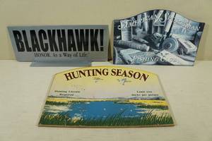 lot 112 image: 3 Sporting Theme Signs - Hunting Season, Fishing Club, Blackhawk Accessories
