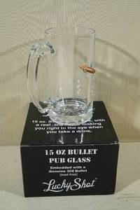 lot 139 image: Lucky Shot 15 Ounce Pub Glass - Embedded 308 Bullet