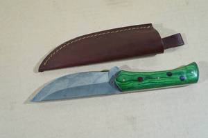lot 69 image: Custom Damascus Style Hunting Knife with Green Wood Handle